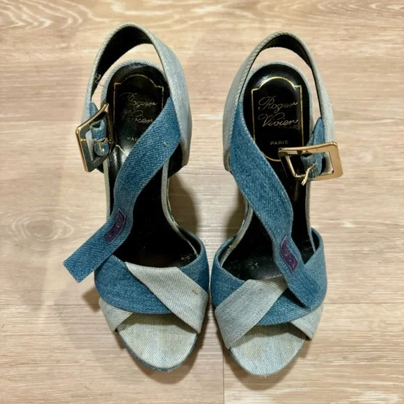 Roger Vivier Denim Floral Wedge Platform Sandals - Picture 8 of 11